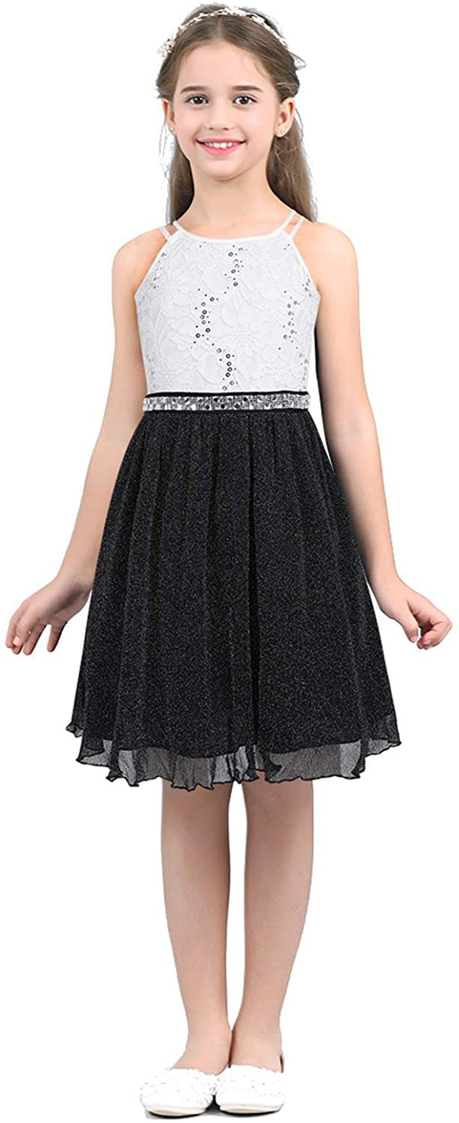 FEESHOW Big Girls Sequins Lace Bodice Halter Junior Bridesmaid Dress Shimmer Mesh Wedding Party Prom Gown