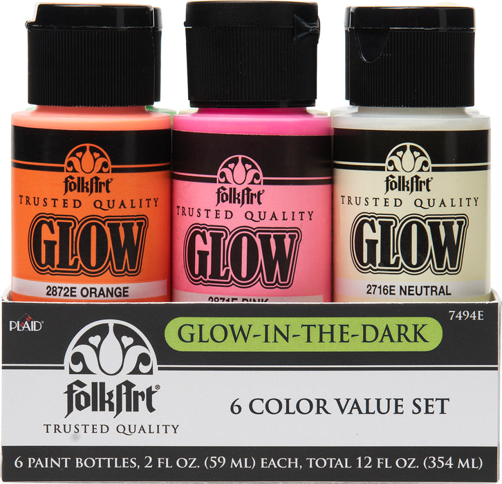 FolkArt 7494E Glow-in-the-Dark Acrylic Paint Set, Matte, 12 fl oz, 6 Pc