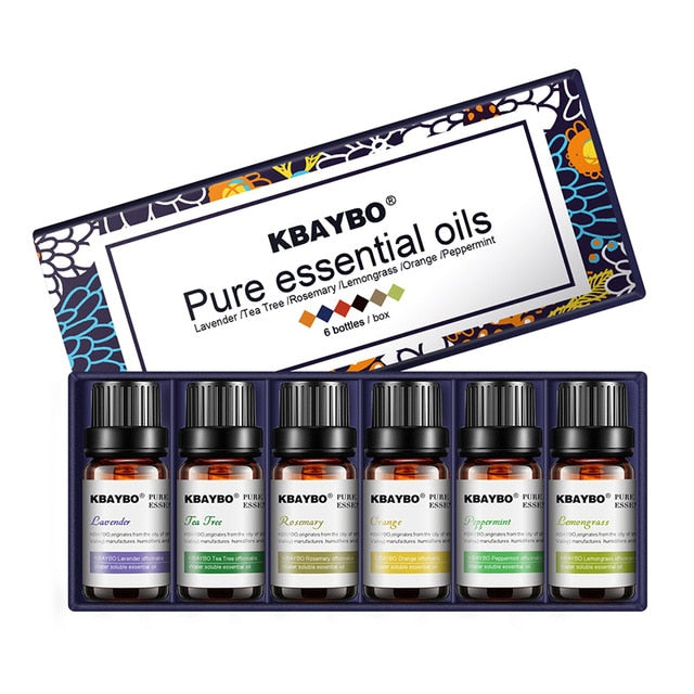 KBAYBO 10ml*6bottles Pure essential oils for aromatherapy diffusers lavender tea tree lemongrass tea tree rosemary Orange oil