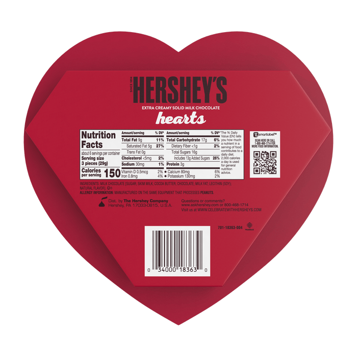 HERSHEY'S, Extra Creamy Solid Milk Chocolate Hearts Candy, Valentine's Day Gift, 6.4 Oz., Heart Box