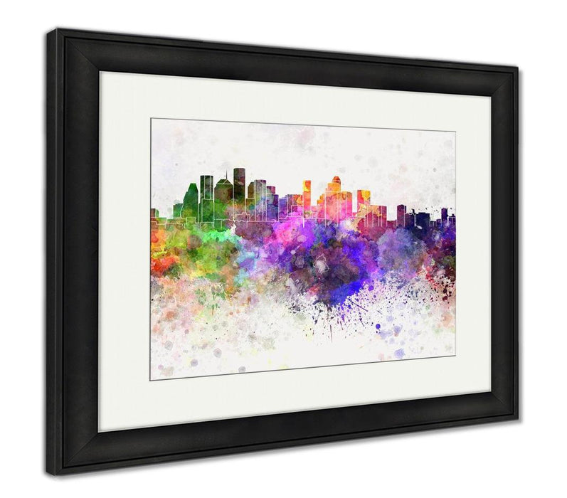 Framed Print, Houston Skyline In Watercolor