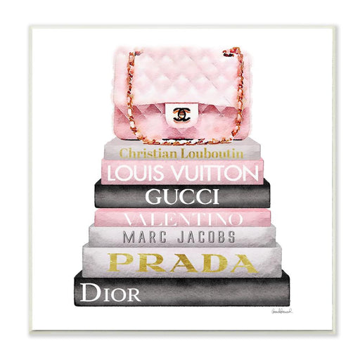 12 in. x 12 in. " Watercolor High Fashion Bookstack Padded Pink Bag" by Artist Amanda Greenwood Wood Wall Art