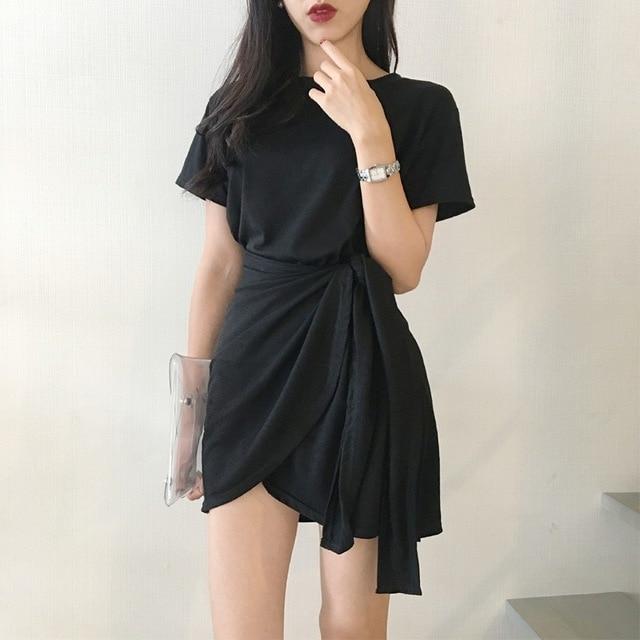 Summer Slim O-Neck Short Casual Lace up Dress