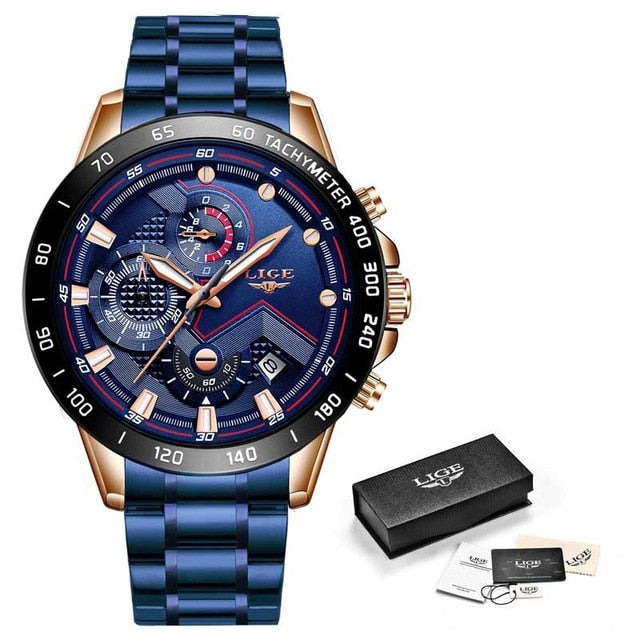 LIGE New Mens Luxury Sports Chronograph Quartz Watch